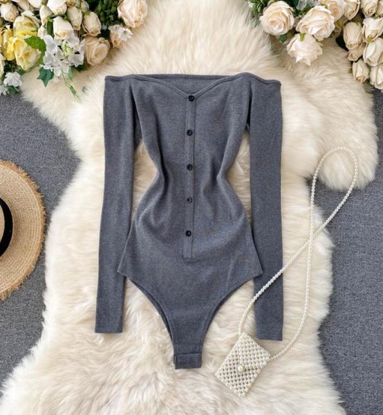 

bodycon bodysuit long sleeve slash neck sheath buttons up open crotch basic black gray overalls women body 8524785, Black;white