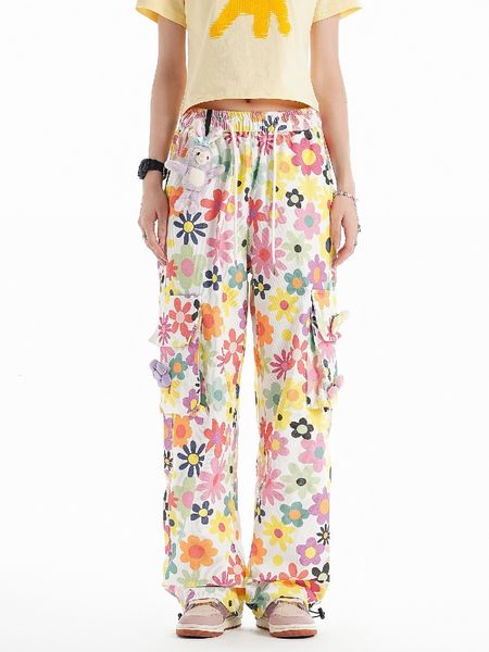 

women's pants s low waist y2k oversized corduroy for women girls elastic kawaii cartoon doll flowers winter cargo trousers female 23081, Black;white