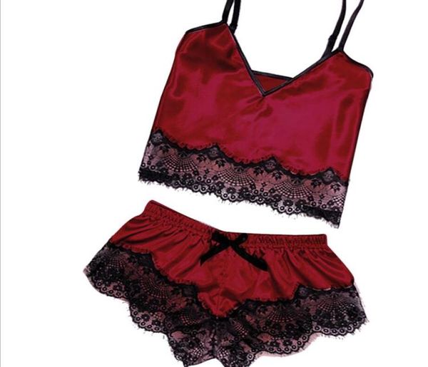 

two piece set sleepwear women silk pajamas lace nightwear summer lace homewear women lingerie6362931, Black;red