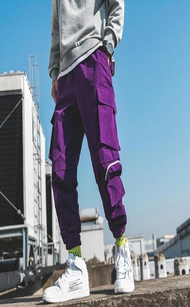 

spring cargo pants men cotton drawstring many pockets joggers trousers purple black ankle banded male casual pants binhiiro 2011184494191