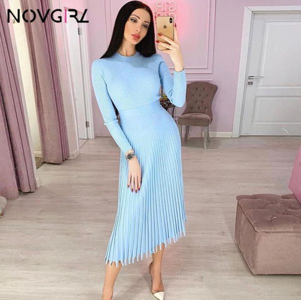 

novgirl autumn winter sweater dress women 2019 fashion knitted midi dresses long sleeve a line robe office lady dresses4086060, Black;gray