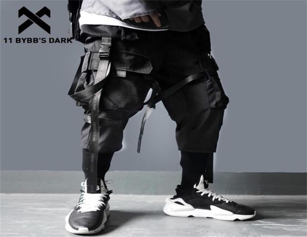 

11 bybb039s dark ribbons multi pockets cargo pants men harajuku casual track trouser hip hop streetwear techwear pants joggers 9250533, Black