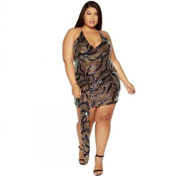 

plus size dresses women halter sleeveless lace up short dress fashion sequins backless night club vestidos big casual4921598, Black;gray
