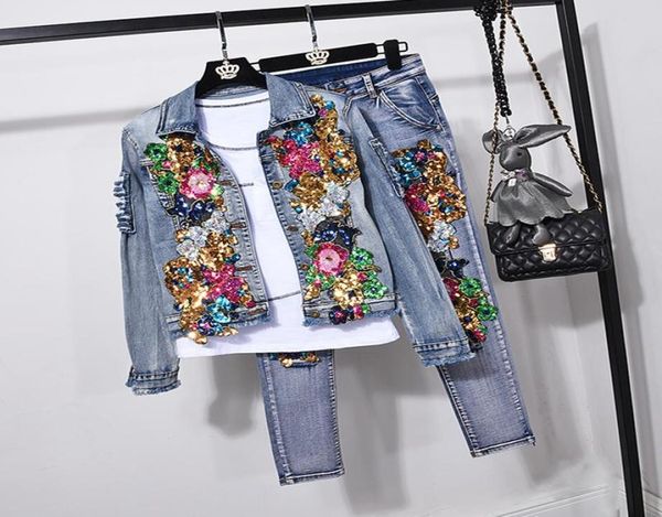 

women039s two piece pants handwork sequins flowers jeans 2pc women vintage denim jacket set pencil female blue suit streetwear4721710, White
