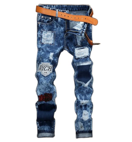 

fashion vintage mens ripped jeans pants slim fit distressed hip hop denim cool male novelty streetwear jean trousers4026937, Blue