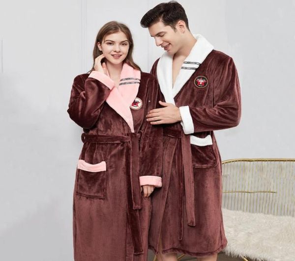 

women039s sleepwear winter warm lovers kimono bathrobe lady men lengthen and thicken robe flannel casual nightdress homewear pl8070254, Black;red