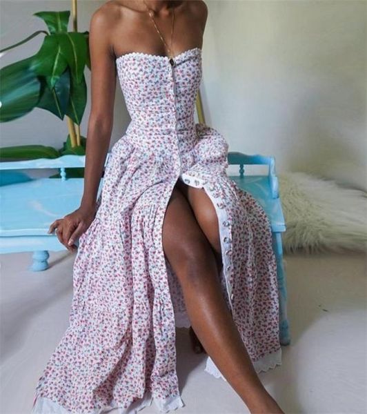 

floral print dress women strapless high waist elegant party dresses bandeau lace trim button maxi dress fashion chic dress 214295242, Black;gray