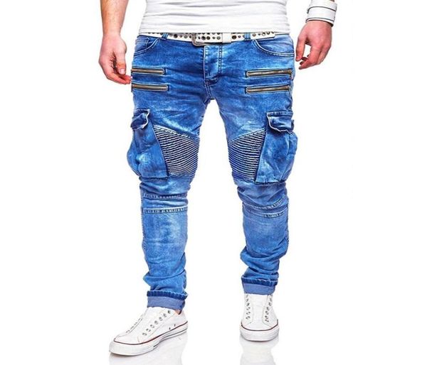 

mens jeans new style casual zipper and multi pocket denim trousers men2819167, Blue