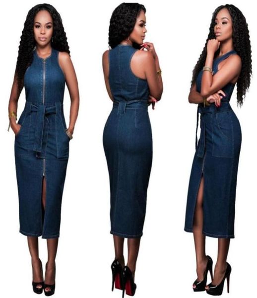 

women sleeveless front pocket belt zipper slit slim fits bodycon denim dress casual dresses1811261, Black;gray