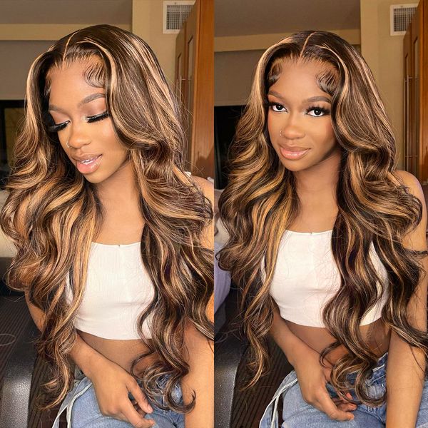 

Highlight Wig Human Hair 13x4 Lace Frontal Wig Colored Human Peruvian Hair Wigs for Women 30 Inch Honey Blonde Body Wave Lace Front Wig, Mix color