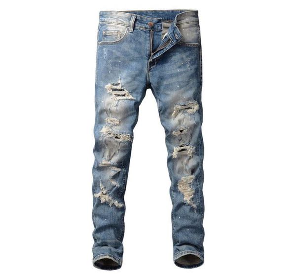 

men039s jeans american street fashion men retro blue slim fit ripped painted designer hip hop denim punk pants1925668