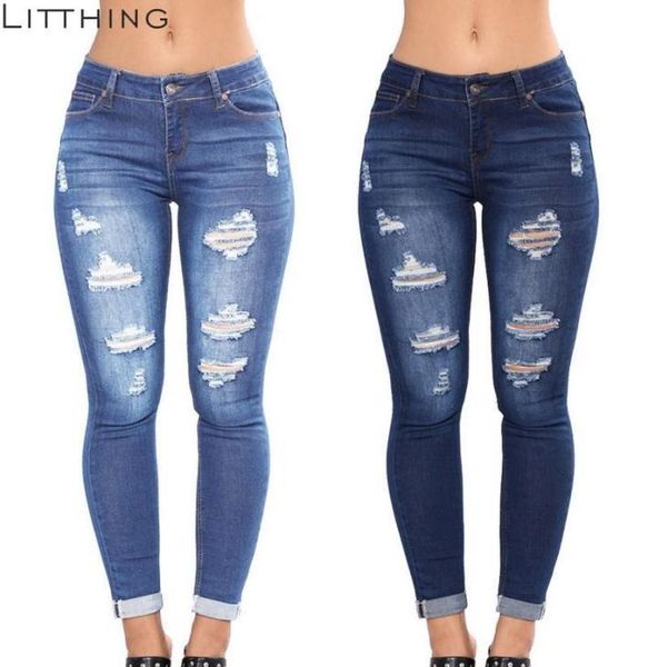 

litthing 2018 new arrival womens high waist casual denim pockets button ripped zipper jeans cotton fly skinny pencil full jeans9485118, Blue