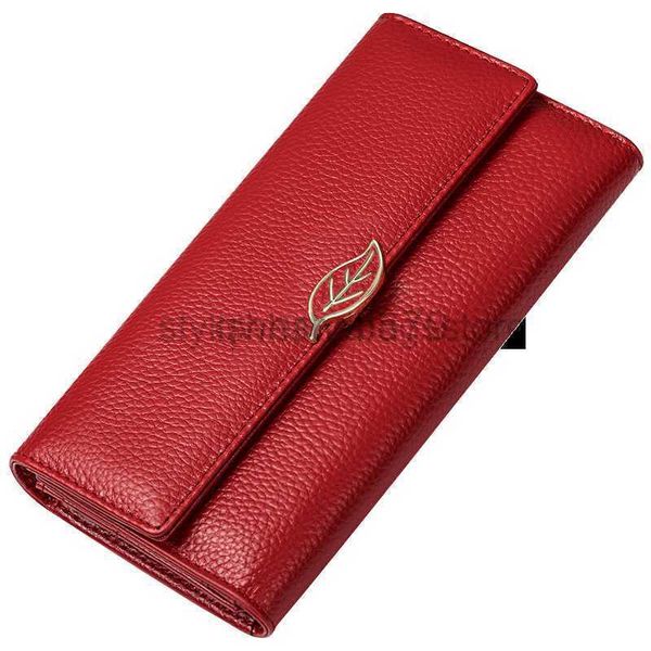 

wallets genuine leather 3-fold women's wallet long rfid card holder large capacity phone bag coin leaf design women's walletqwerty, Red;black