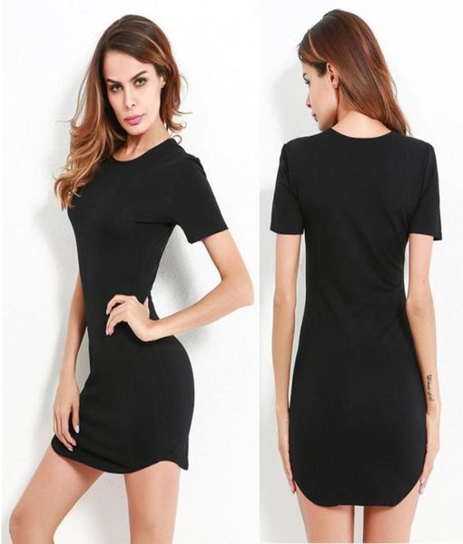 

casual drs ladies simple solid black dress women summer short sleeve round neck mini bodycon slim1404924, Black;gray