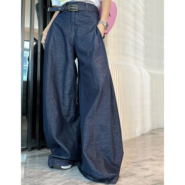 

8.19 fashion letter belt loose thin wide leg jeans women, Blue
