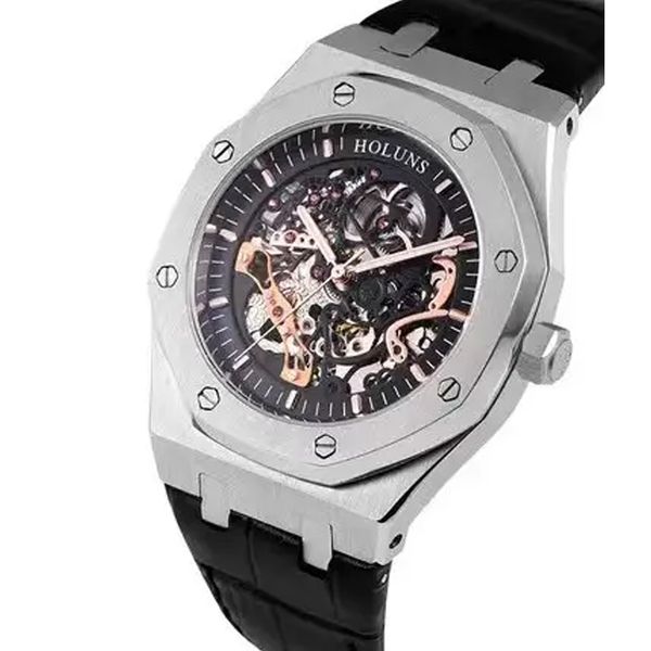 

hollow automatic mechanical men's watch stainless steel case, Slivery;brown