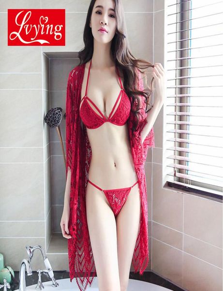 

lvying lace robe sets lingerie female pyjamas women underwear suits bra sets night dress bathrobe sleepwear nightwear thong1790063, Black;white