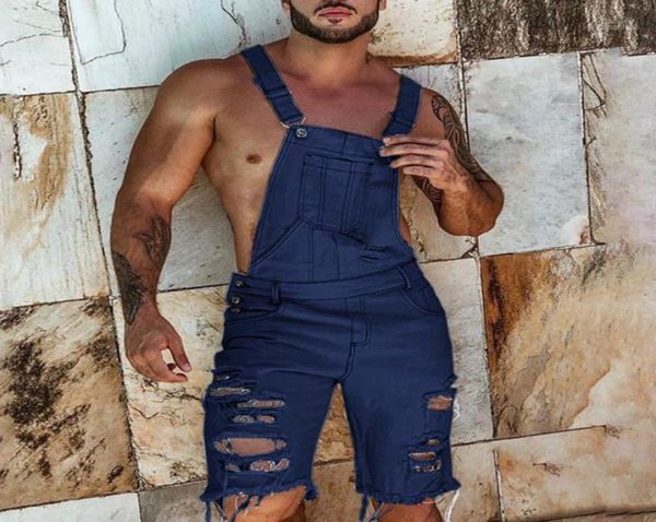 

men039s jeans summer men denim overalls hip hop ripped hole short distressed jumpsuits slim fit one piece trouser streetwear11663539, Blue