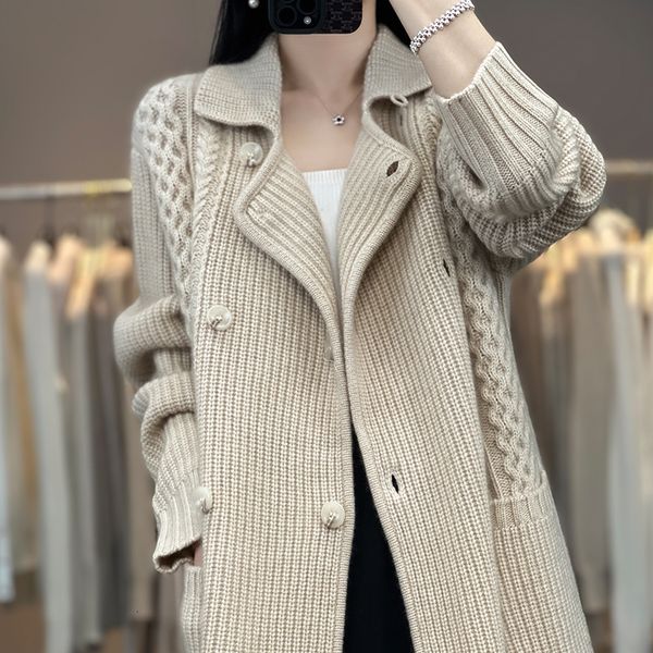 

womens knits tees lazy style wool cardigan for solid color tie up suit collar long sleeved thickened loose fitting medium length knitted 230, White