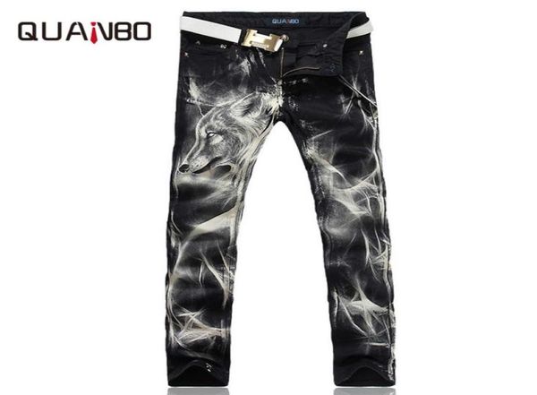 

2019 new fashion men039s wolf printed jeans men slim straight black stretch jeans designer pants nightclubs singer3020718, Blue