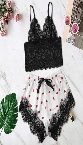 

women satin lace silk print camisole shorts bow set sleepwear pajamas lingerie7177200, Black;red