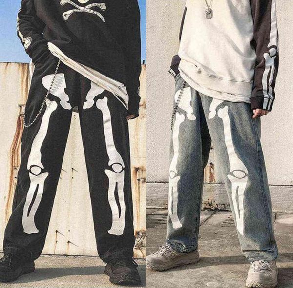

men skeleton printed jeans pants mens high street wide legs straight loose hip hop harem jeans young casual denim pants overalls g4936138, Blue