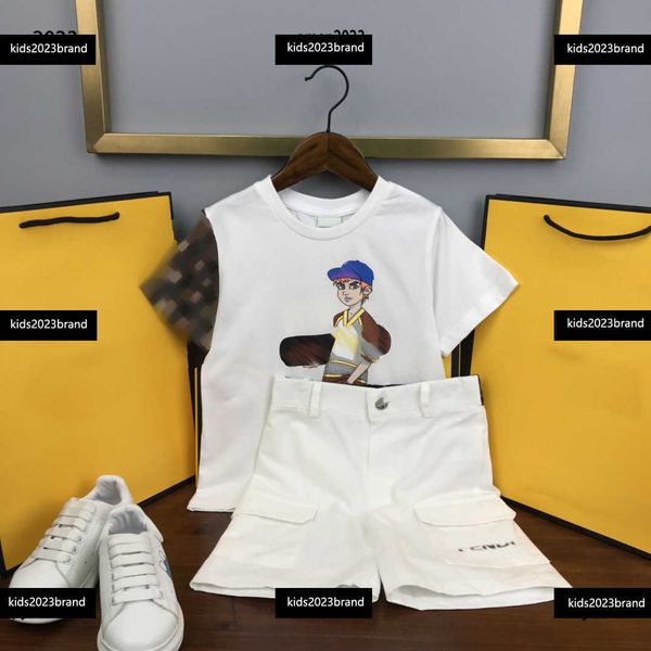 

outdoor tracksuits baby clothes kids sets 2pcs skateboard boy printed t-shirt and decorative shorts with large pockets on both sides, White