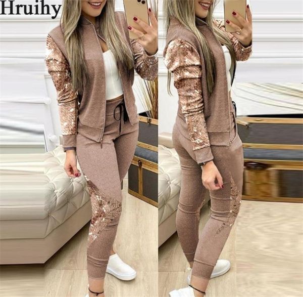 

autumn winter two piece outfits for women fashion sequins zipper coat drawstring pants set casual tracksuit sweat suits t20109187612, Gray