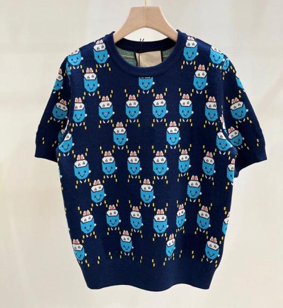 

letter jacquard women knits cute cartoon short sleeve crew neck knitted tees for lady1600361, White