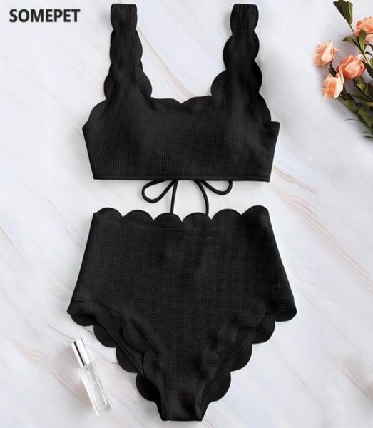

women scalloped textured high waisted bikini set solid two pieces beach bathing suits lace biquinis9272037, White;black