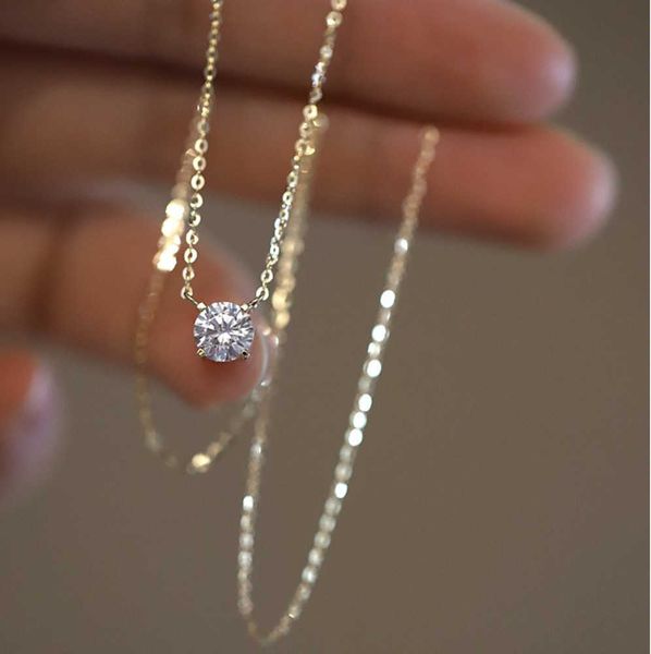

925 sterling silver necklace with 14k gold plated four prongs single diamond super flash temperament light luxury clavicle chain jewelry