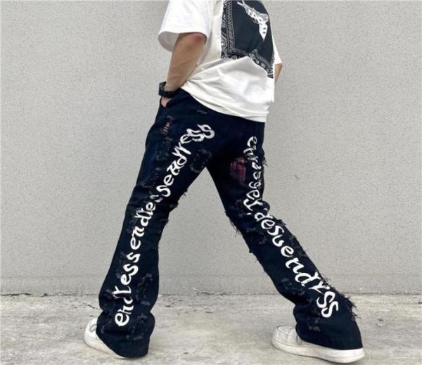 

men039s jeans high street hole back letter embrodiery washed pants mens and womens oversize straight casual vibe baggy denim tr8092383461, Blue