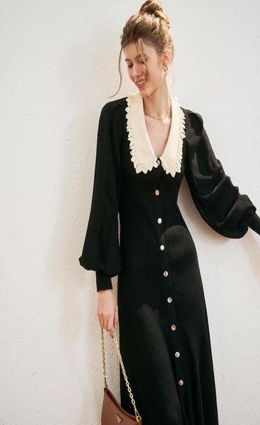 

casual dresses ioo viscose fitted sweater dress frilled statement collar long sleeve knitted midi french pairs fashion sandro4085102, Black;gray