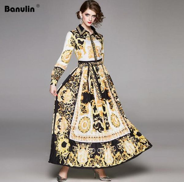 

banulin runway designer women039s maxi dress spring vintage baroque floral print puff sleeve sashes pleated shirt dress 2012048214384, Black;pink