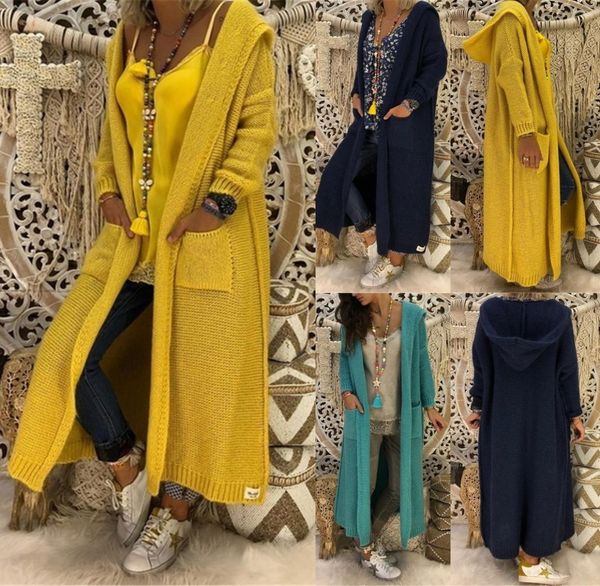 

long sweater women knitted cardigan autumn winter solid color loose hooded pocket casual fashion sweaters7754137, Black;brown