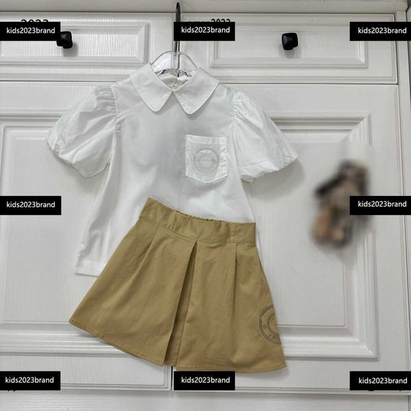 

kids tracksuits fashion baby suits girls dress sets 2pcs lantern sleeve lapel t-shirt and embroidered letter skirt #multiple product, White