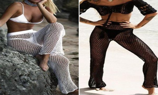 

knitted hollowout beach fishing net pants women hand crochet beach long sunscreen trousers bikini swimsuit4574608, White;black