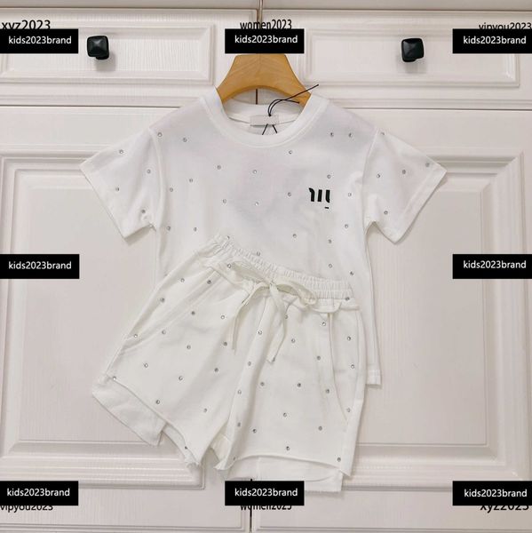 

kids tracksuits baby clothes sets diamond inlaid design suits size 100-150 cm 2pcs t-shirt and lace up shorts april11, White