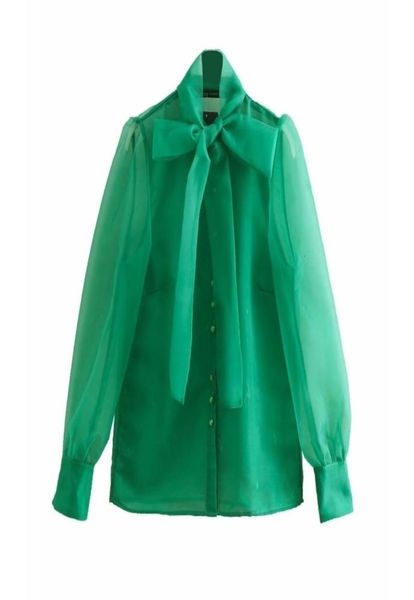 

women high street bow collar transparent organza green smock shirt blouses women long sleeve buttons blusas chemise ls3233 y15413143, White