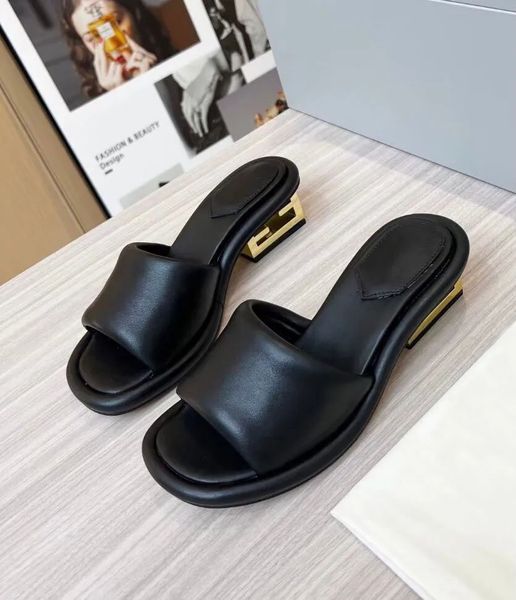 

summer brand women baguette sandals shoes wide-band nappa leather slides gold sculptural heel slip on mules comfort walking eu35-43 box, Black