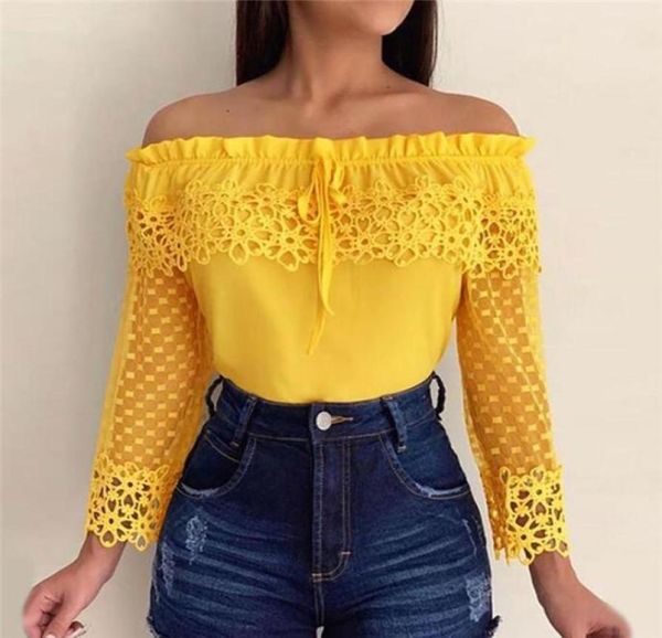 

fashion elegant women shirt crochet slim lace patchwork embroidery nine quarter sleeve office yellow blouse4292911, White