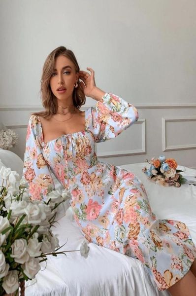 

dresssaving floral print tie front lantern sleeve dress square neck black elegant cotton fashion side split mini ladies basiccasua4305522, Black;gray