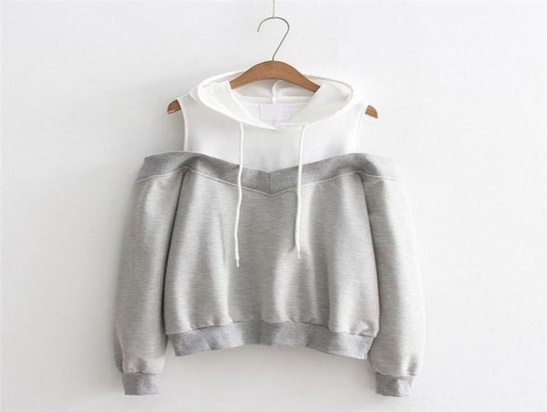 

hoodies sweatshirts for women young girls off shoulder double color hoodie patchwork hooded coat outwear6813651, Black