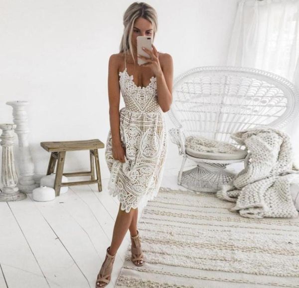 

party dress women summer deep v neck backless lace dresses fashion sleeveless halter bandage midi dress3141369, White;black
