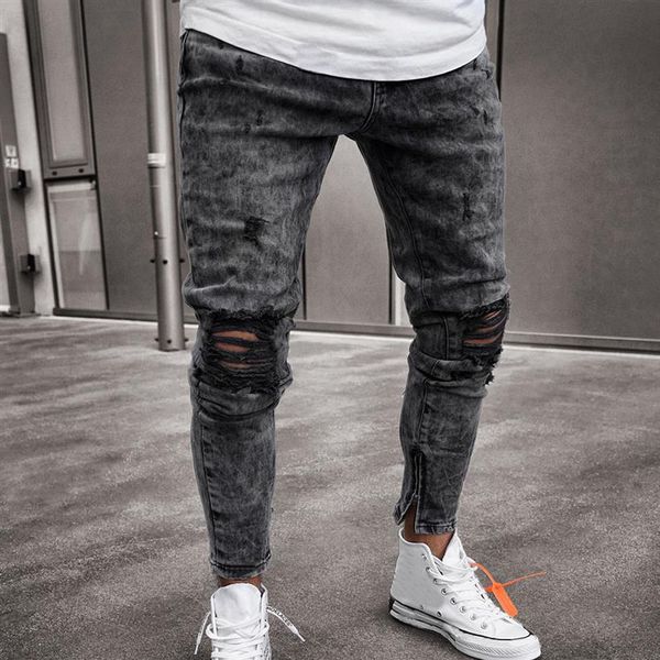 

feitong jeans men men clothes skinny stretch denim pants distressed ripped freyed slim fit jeans trousers of male272o, Blue