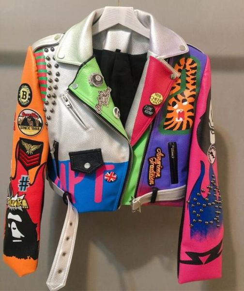 

leather jacket women graffiti colorful print rivet biker jackets and coats punk streetwear ladies short jacekt outerwear clothes w8958837, Black