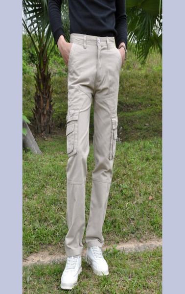 

menquots multipockets cotton pants straight cargo trousers outdoor sports solid color casual long pants1146378, Black