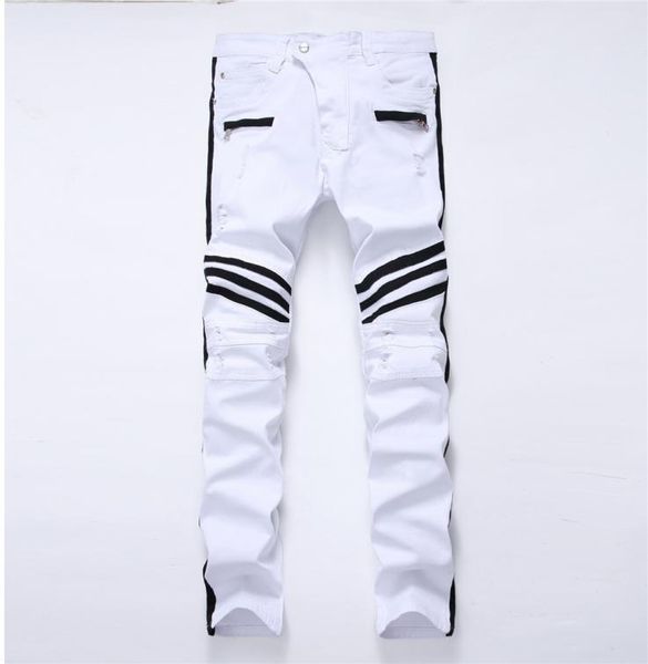 

new hole white men039s jeans straight new brand denim jeans with zippers contrast color stripe male pants slim plus size trouse8078806, Blue
