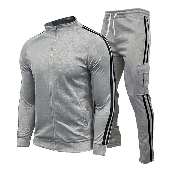 

mens tracksuits patchwork standup collar zippered shirt men suit striped sports set twopiece 230818, Gray