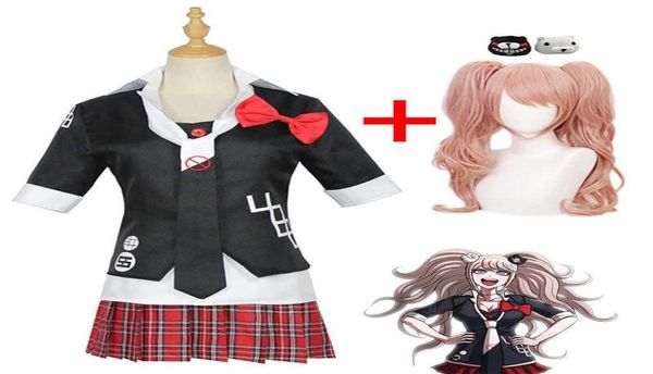 

anime danganronpa cosplay costume enoshima junko uniform cafe work clothes short skirt double tail braid wig q08214316261, Black;red